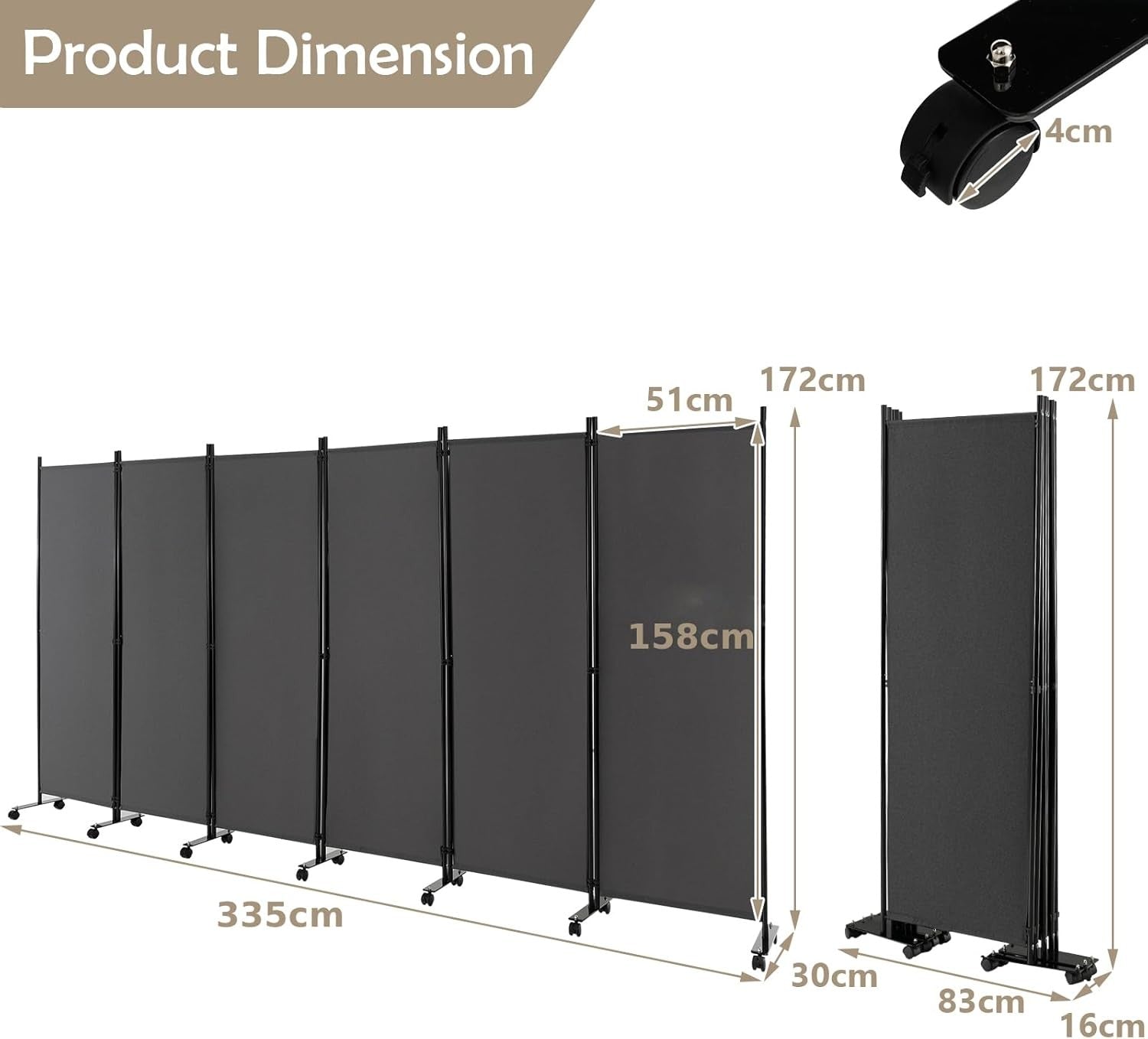 6 Panel Grey Folding Room Divider Privacy Screen on Wheels for Home Office