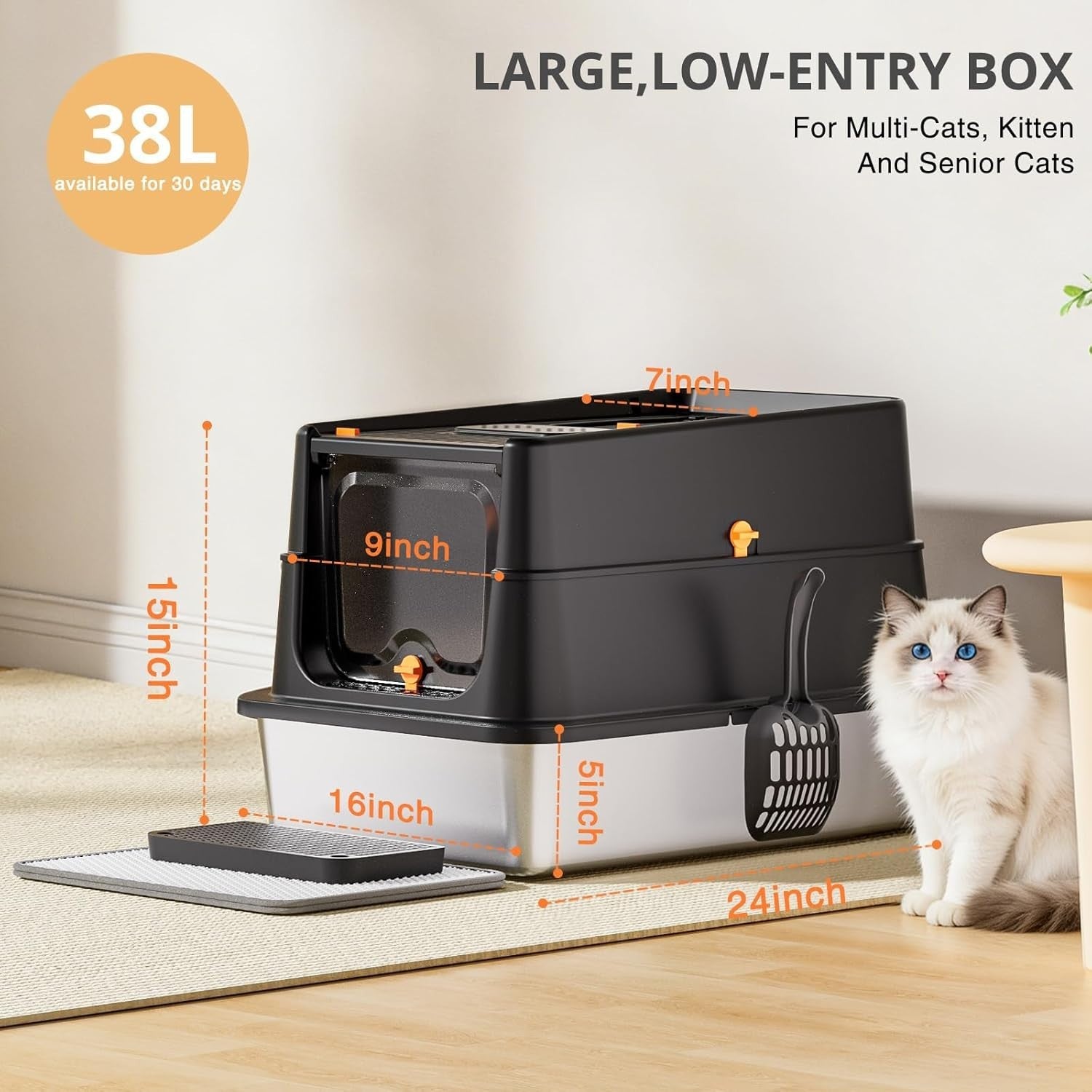 XL Stainless Steel Cat Litter Box Covered High Sided Front Top Entry