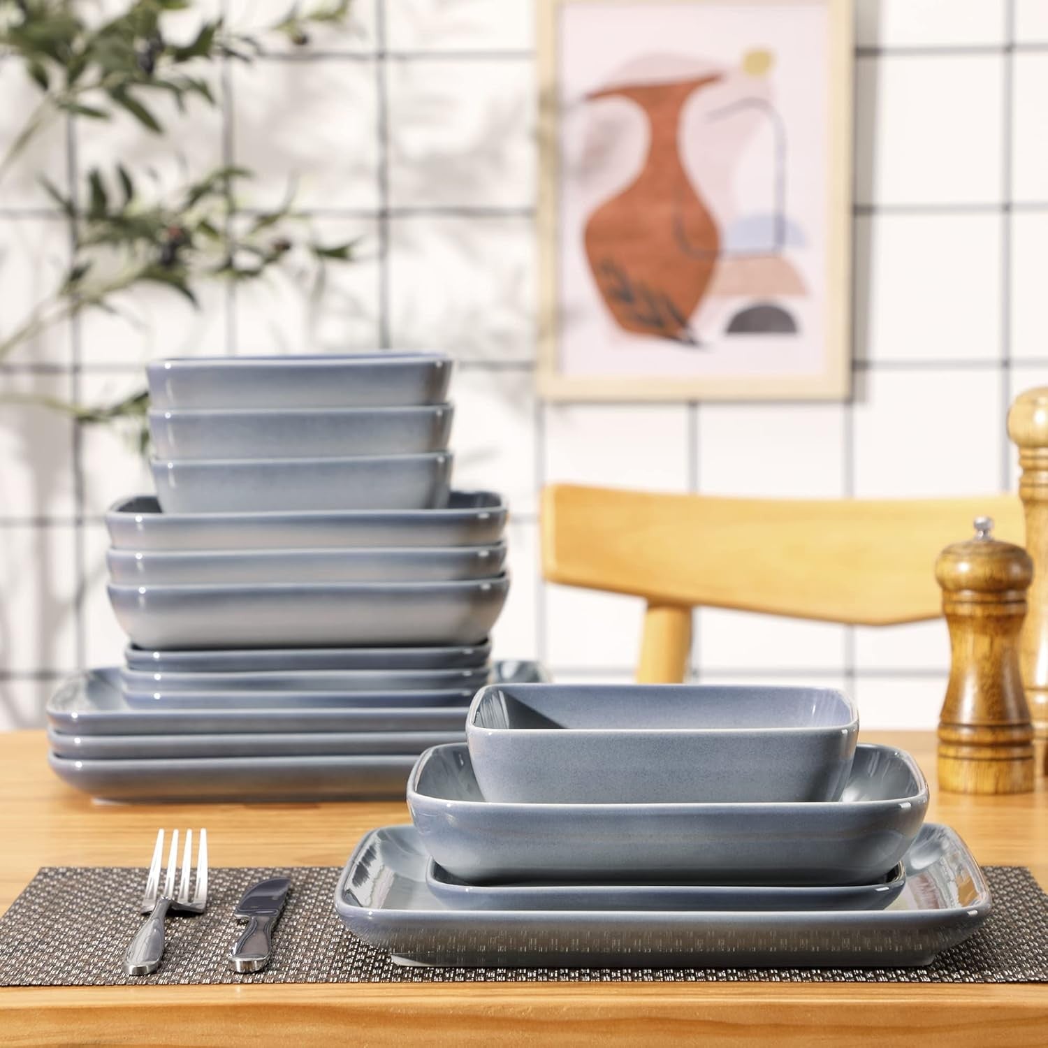 16pc Stoneware Dinner Set Square Plates Bowls Gradient Grey Modern