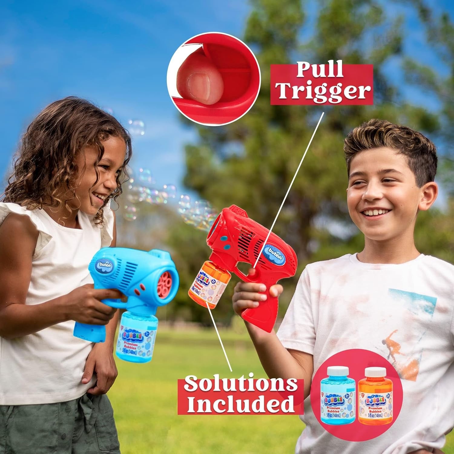 2 Pack Bubble Guns Kids Toy Set Red Blue with Solution