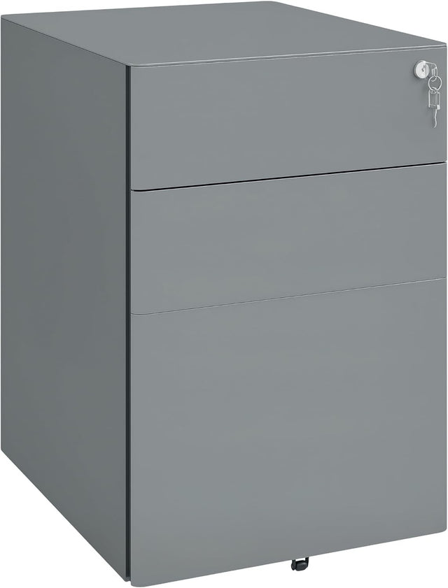 Grey 3 Drawer Mobile Filing Cabinet Lockable Steel A4 Letter Office Storage
