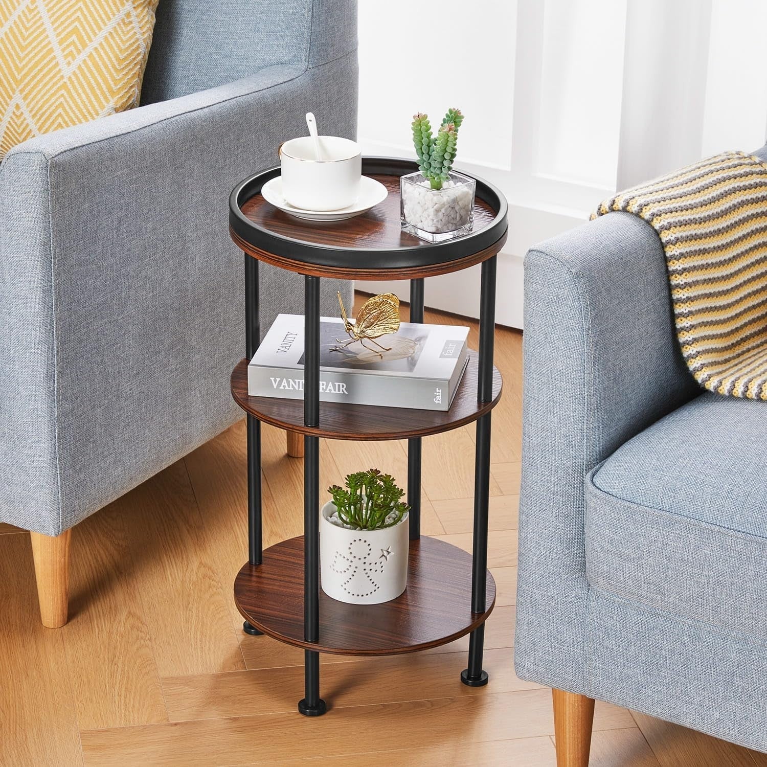 3 Tier Round Side Table with Storage Shelf Metal Frame Small Space Cherry 30x55