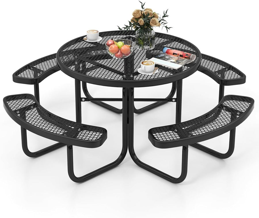 8-Seater Round Picnic Table & Bench Outdoor Dining Set with Umbrella Hole