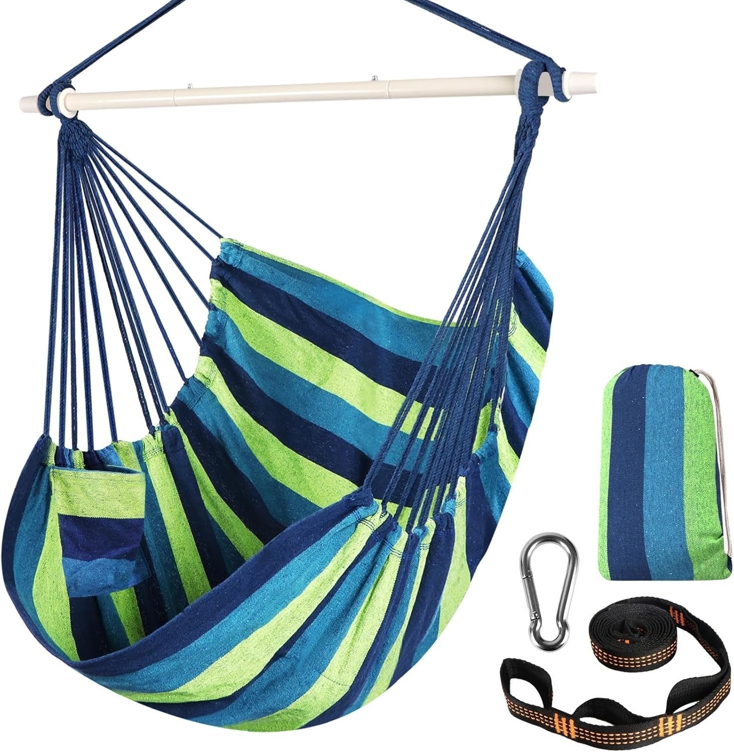 Hammock Chair Swing – Portable Cotton Seat, Collapsible Metal Bar Indoor/Outdoor