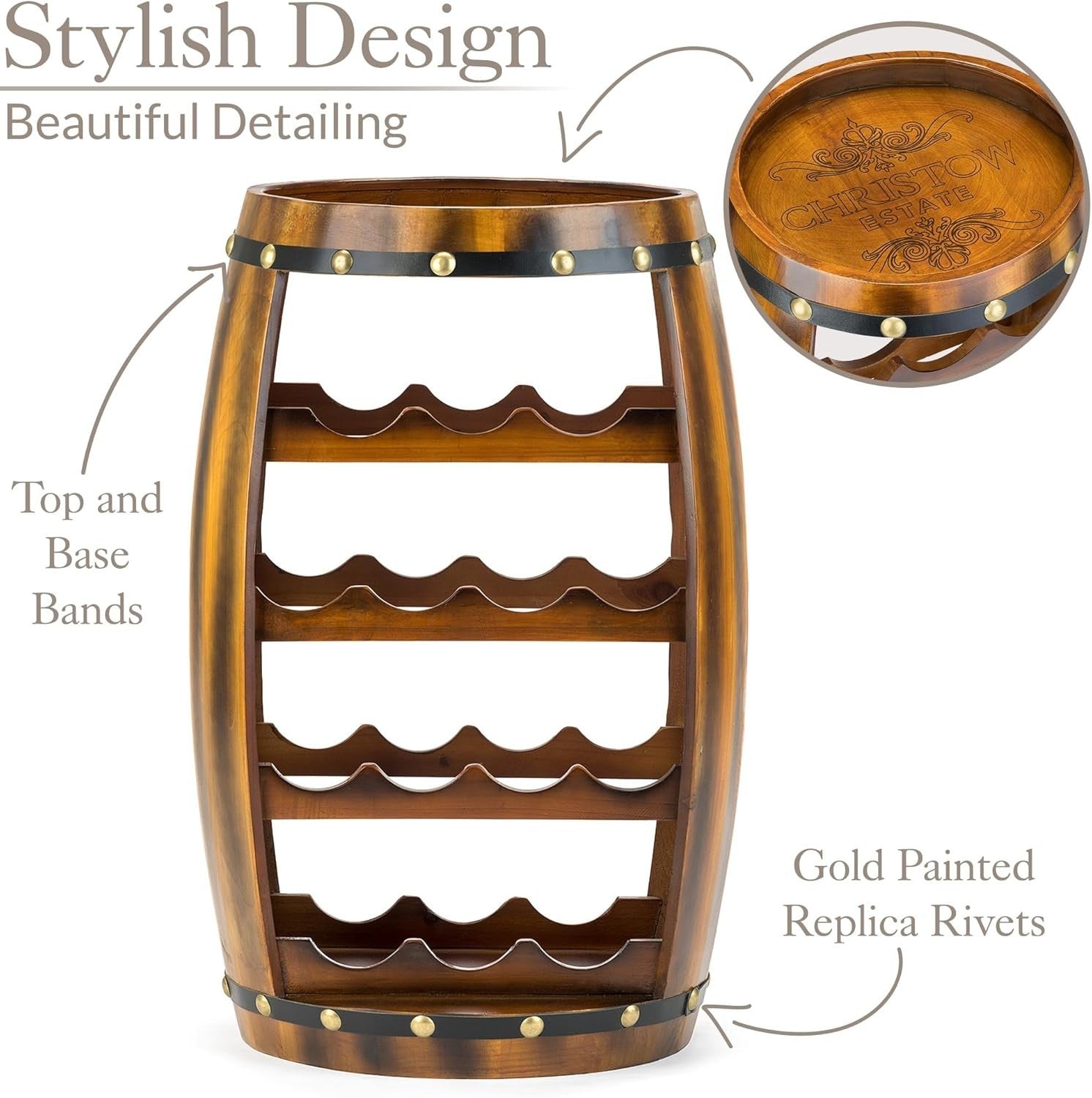 Oak Effect Barrel Wine Rack 14 Bottle Freestanding Storage Cabinet