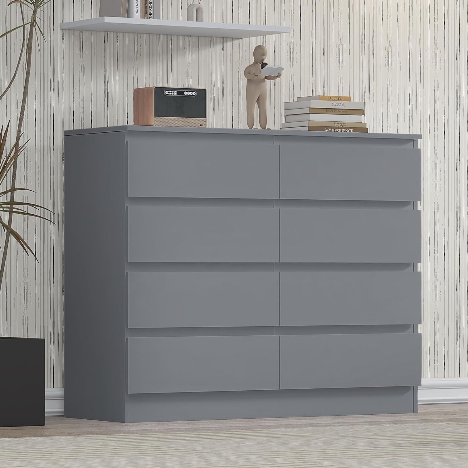 8 Drawer Chest of Drawers Grey Wide Storage Unit for Bedroom Clothes