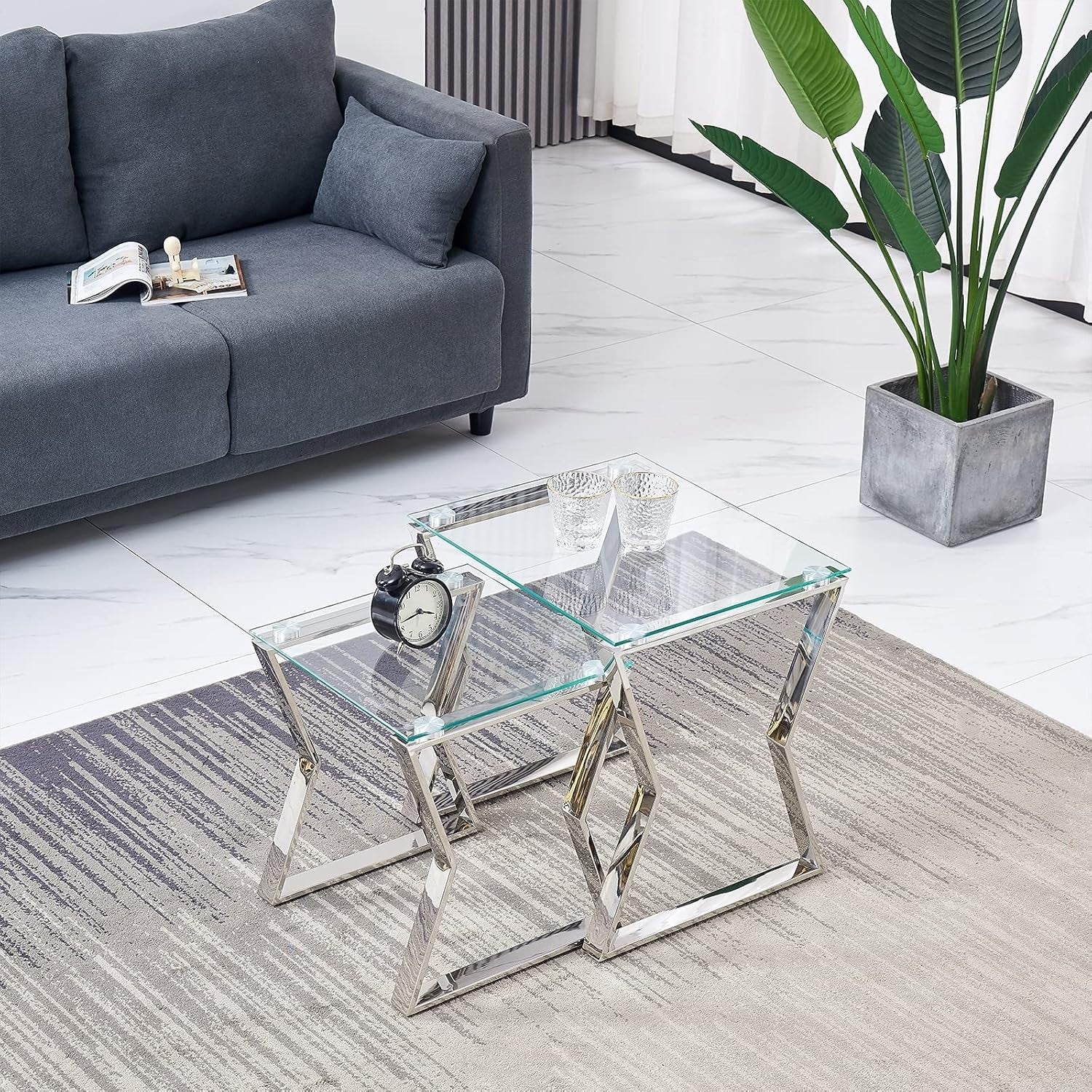 Space Saving Glass Nesting Coffee Table Set End Side Living Room Metal Frame