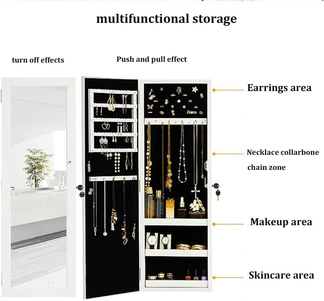 Wall Mounted Lockable Jewelry Armoire Mirror Large Storage Cabinet White