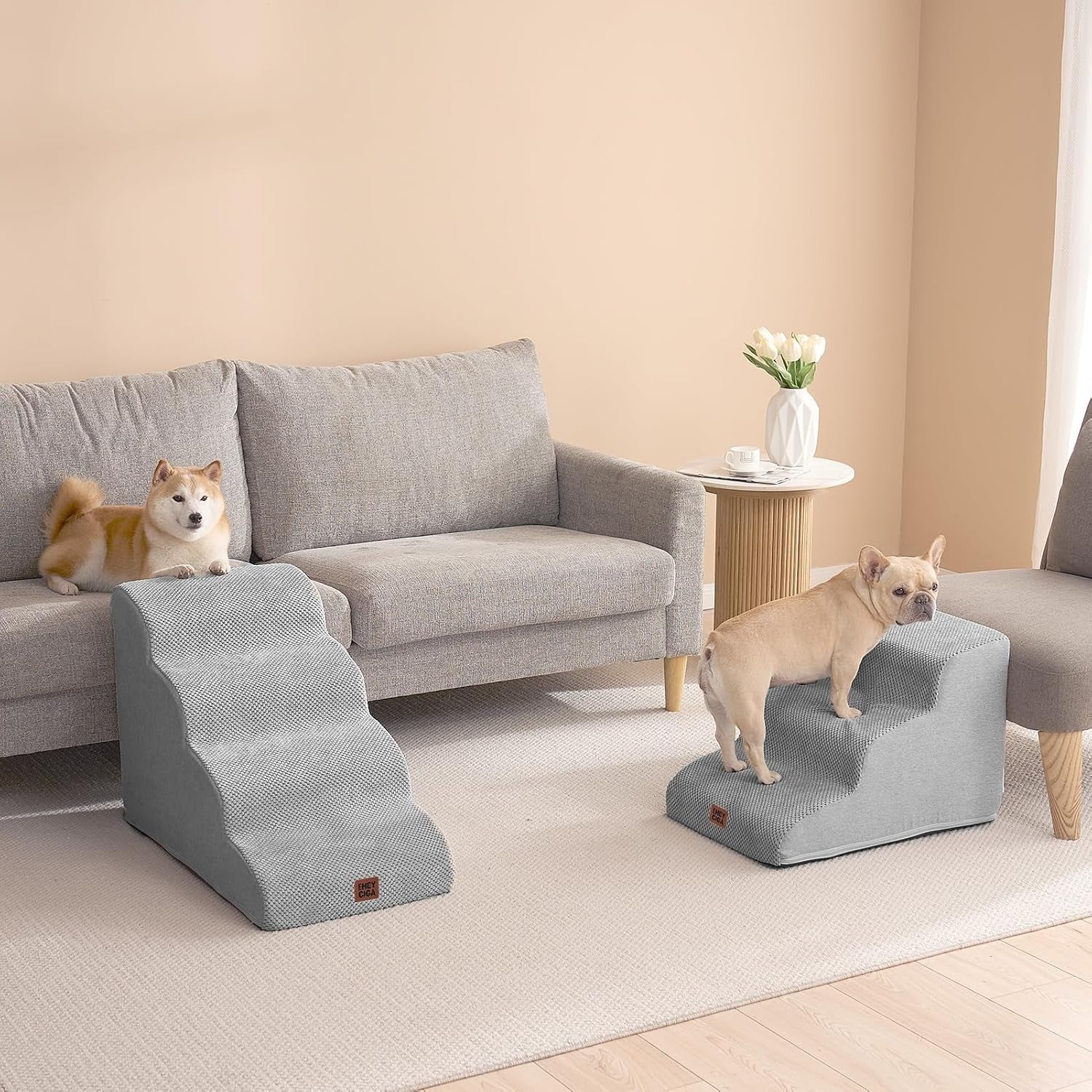 4 Step Dog Stairs for High Bed Non Slip Foam Pet Washable Grey