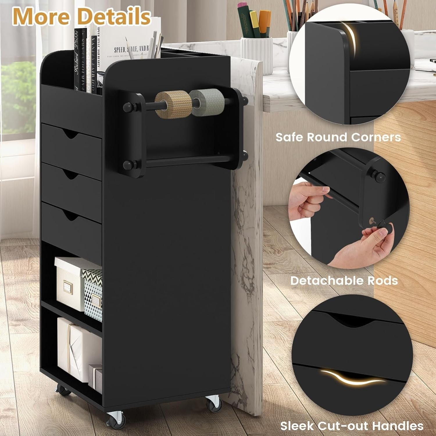 Black Mobile File Cabinet 86cm 3 Drawer Under Desk Storage