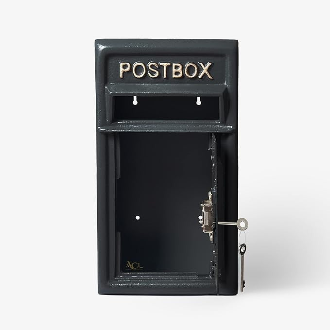Lockable Cast Iron Wall Post Box Black – Heavy Duty, Vintage Mailbox 44cm