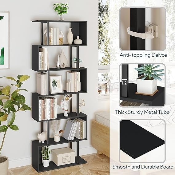 Tall S-Shaped 6-Tier Bookshelf Modern Display Storage Unit for Living Room