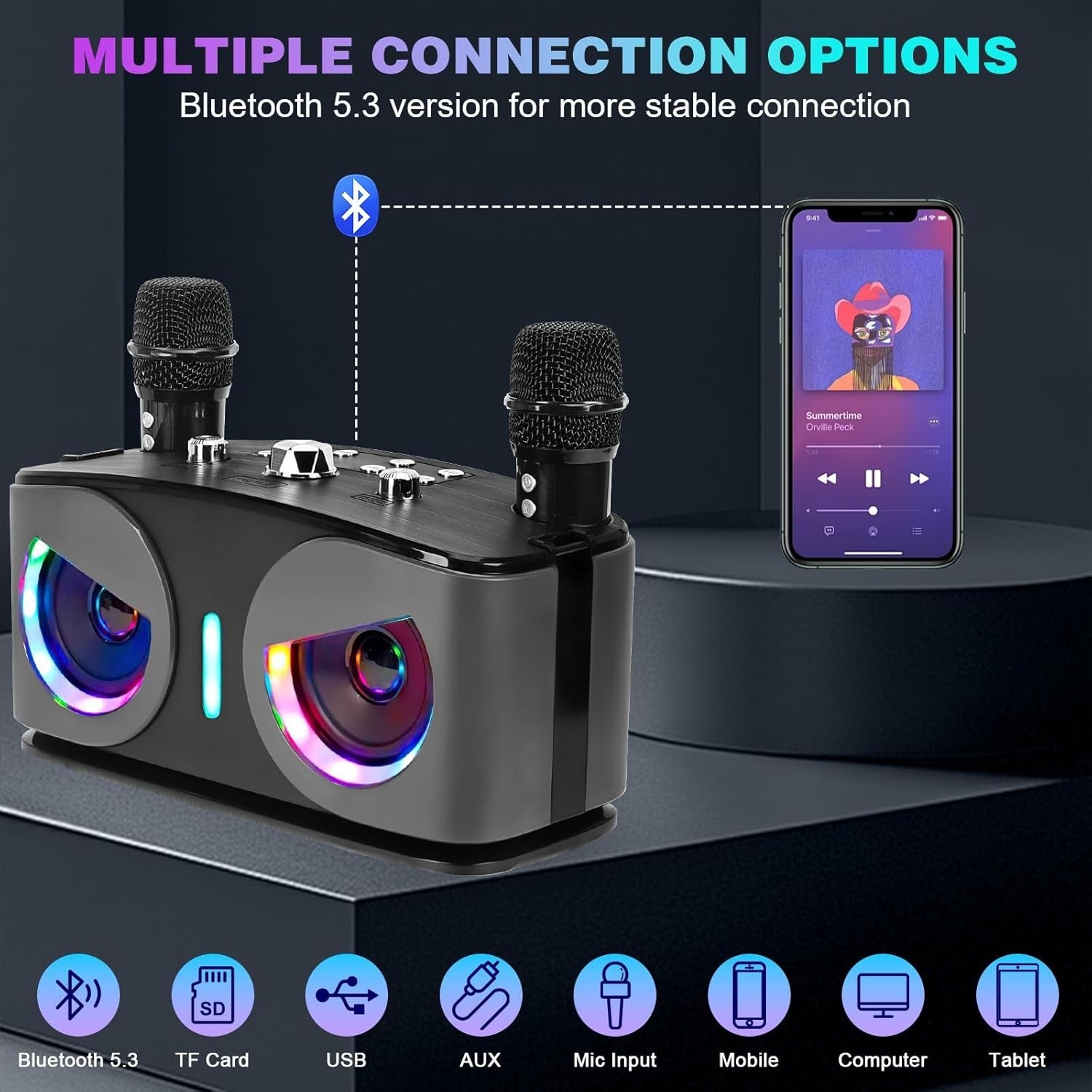 Bluetooth Karaoke Machine with 2 Wireless Mics LED Party Speaker
