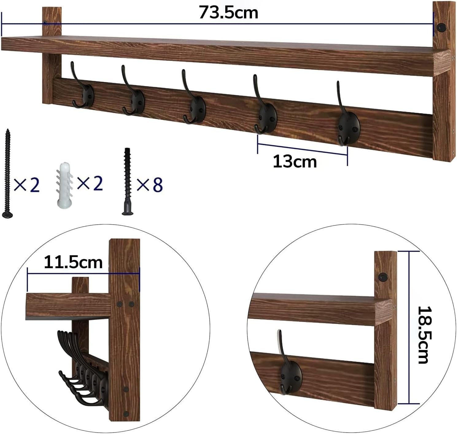 Wooden Wall Coat Rack with Shelf 73.5cm | 5 Hooks for Coats Hats Bags Keys