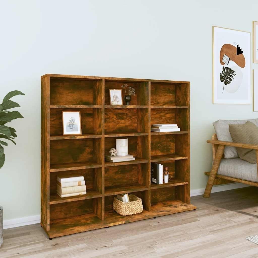 CD Storage Cabinet 15 Compartment Media Shelf Bookcase Smoked Oak