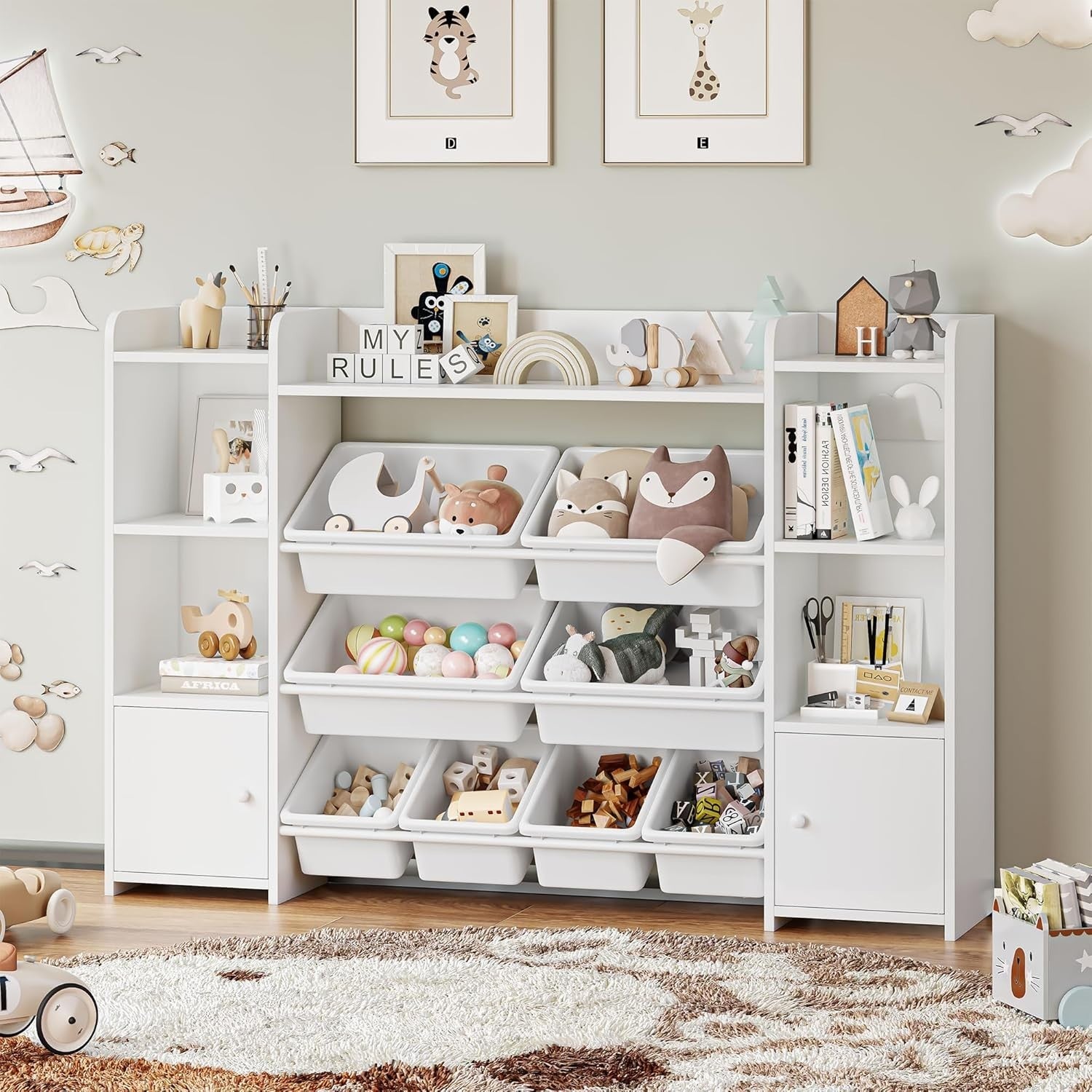 Kids Toy Storage Unit with 8 Boxes & Shelves – White Bookcase Organizer
