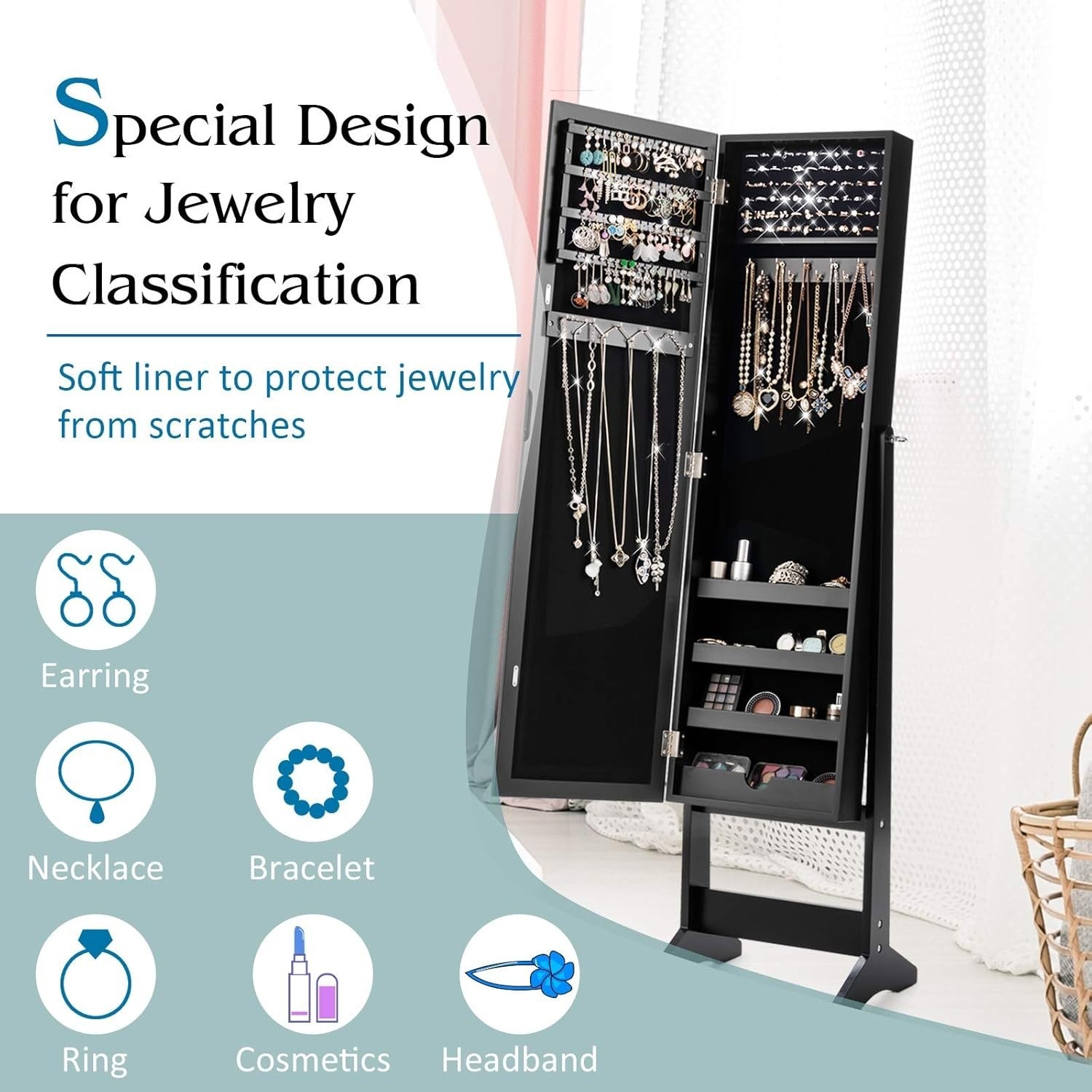 Adjustable Standing Jewelry Armoire Full Length Mirror Storage Black