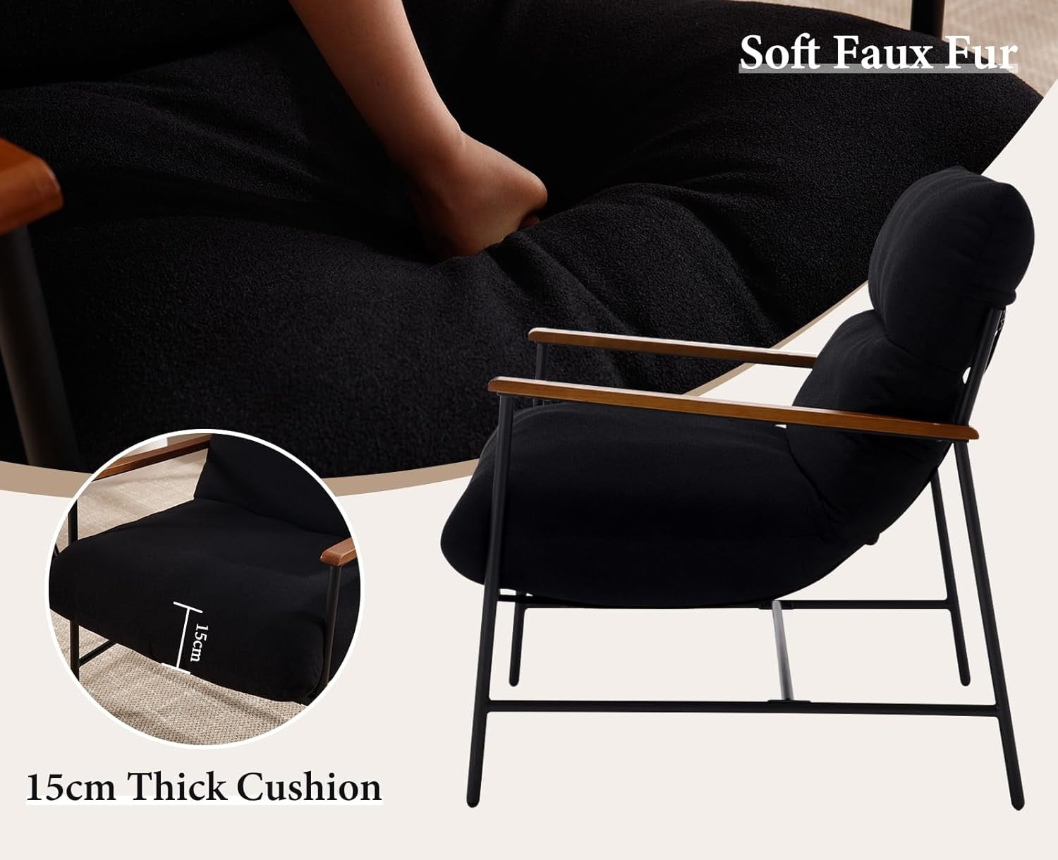 Faux Fur Accent Armchair Upholstered Lounge Chair Black