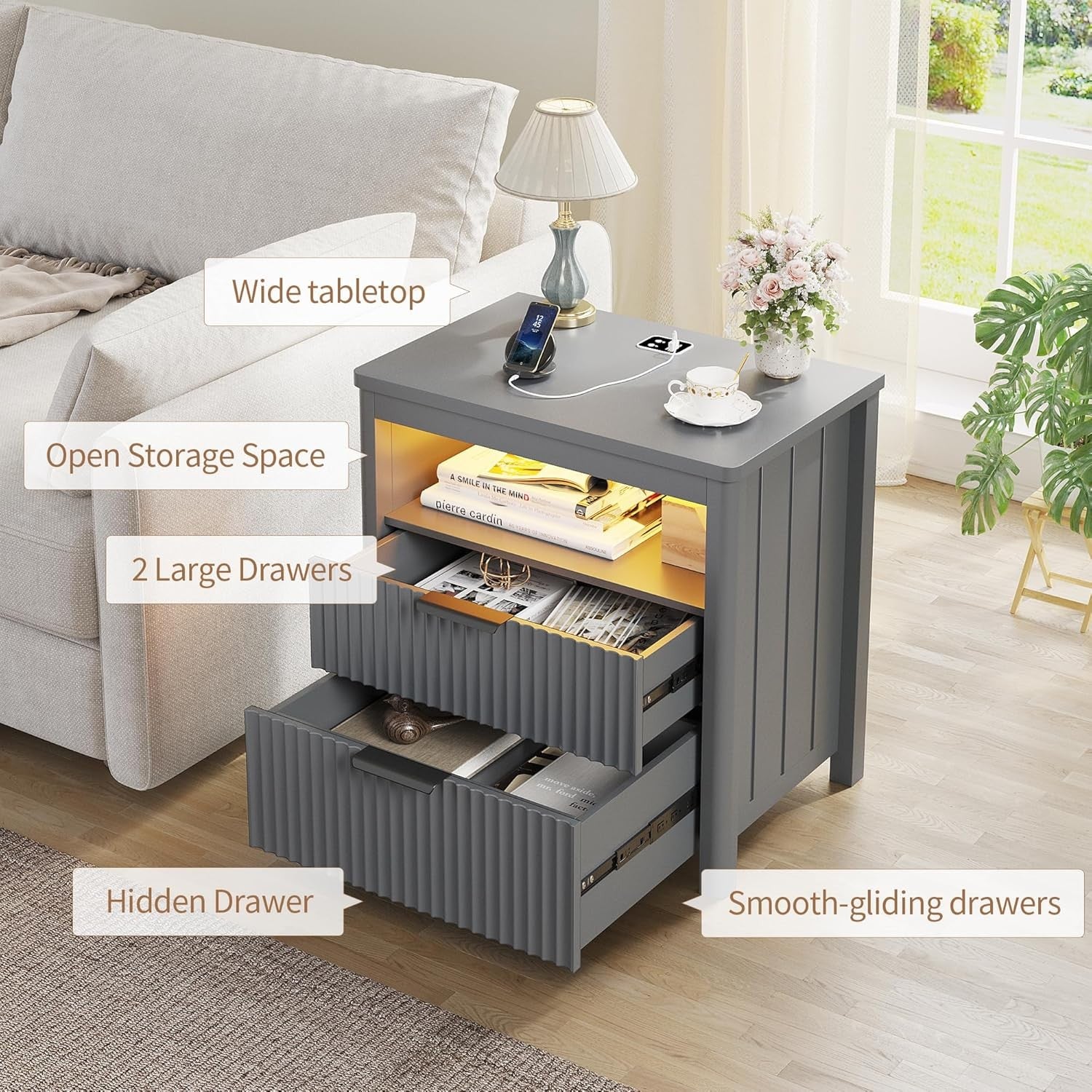 Set of 2 Grey 24" Bedside Tables with Charging Station, LED Light & 3 Drawers