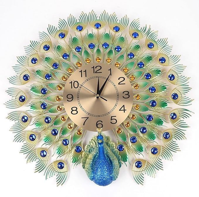 Luxury Peacock Wall Clock 60cm Diamond Decor Large Silent Metal Home Art