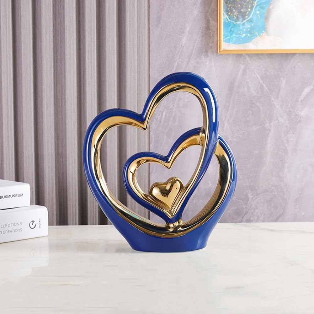Blue Gold Double Heart Ornament • Luxury Ceramic Modern Home Decor Gift