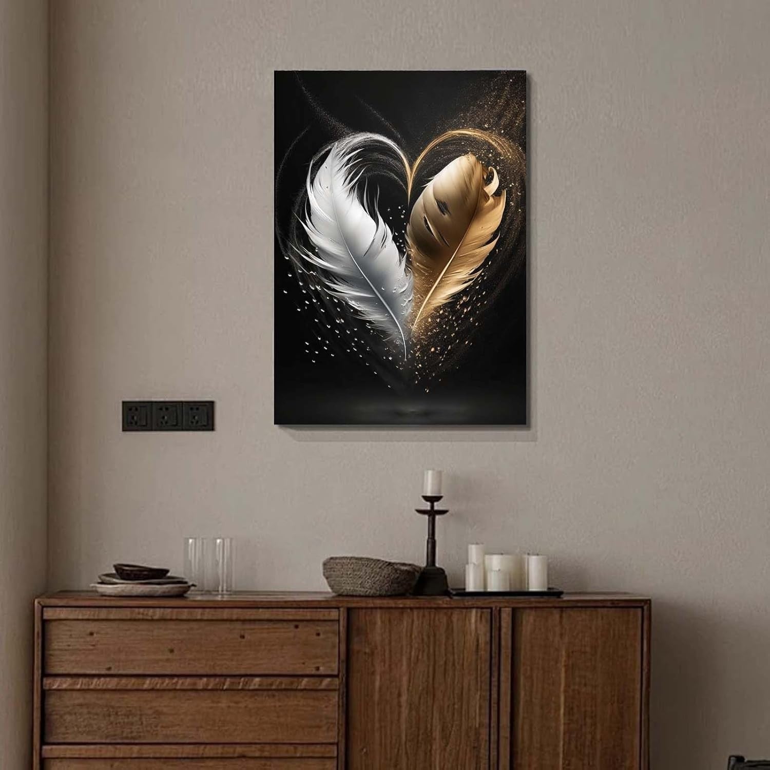 Gold Black Feather Canvas Wall Art Framed Modern Luxury Bedroom Decor