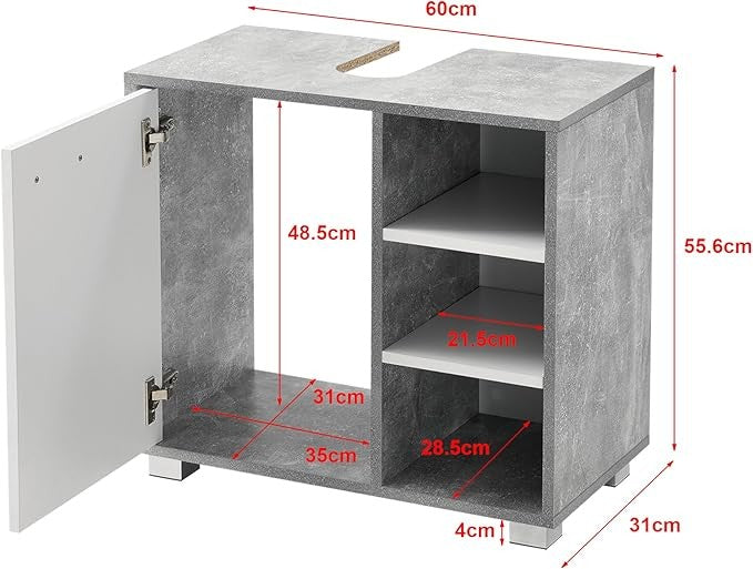 Concrete White Bathroom Sink Cabinet 56x60x31cm Modern Vanity Storage Unit