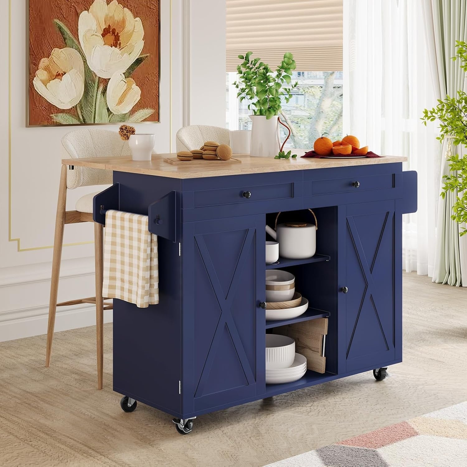 Rolling Kitchen Island Cart Drop Leaf Countertop Storage Cabinet Wheels