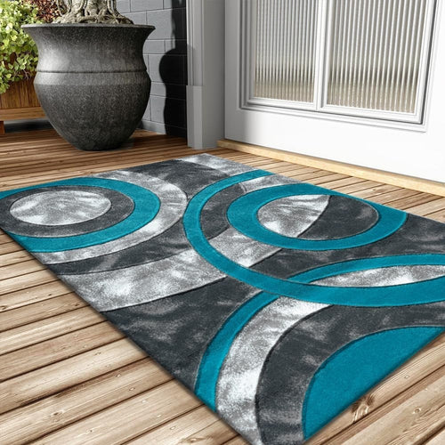 Teal Grey Circle Door Mat 50x80cm Soft Non Shed Indoor Kitchen Hallway Rug