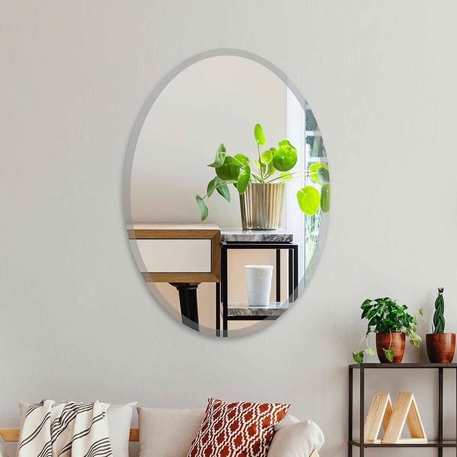 Oval Frameless Bathroom Mirror 28x20 Inch Beveled Edge, Easy Install