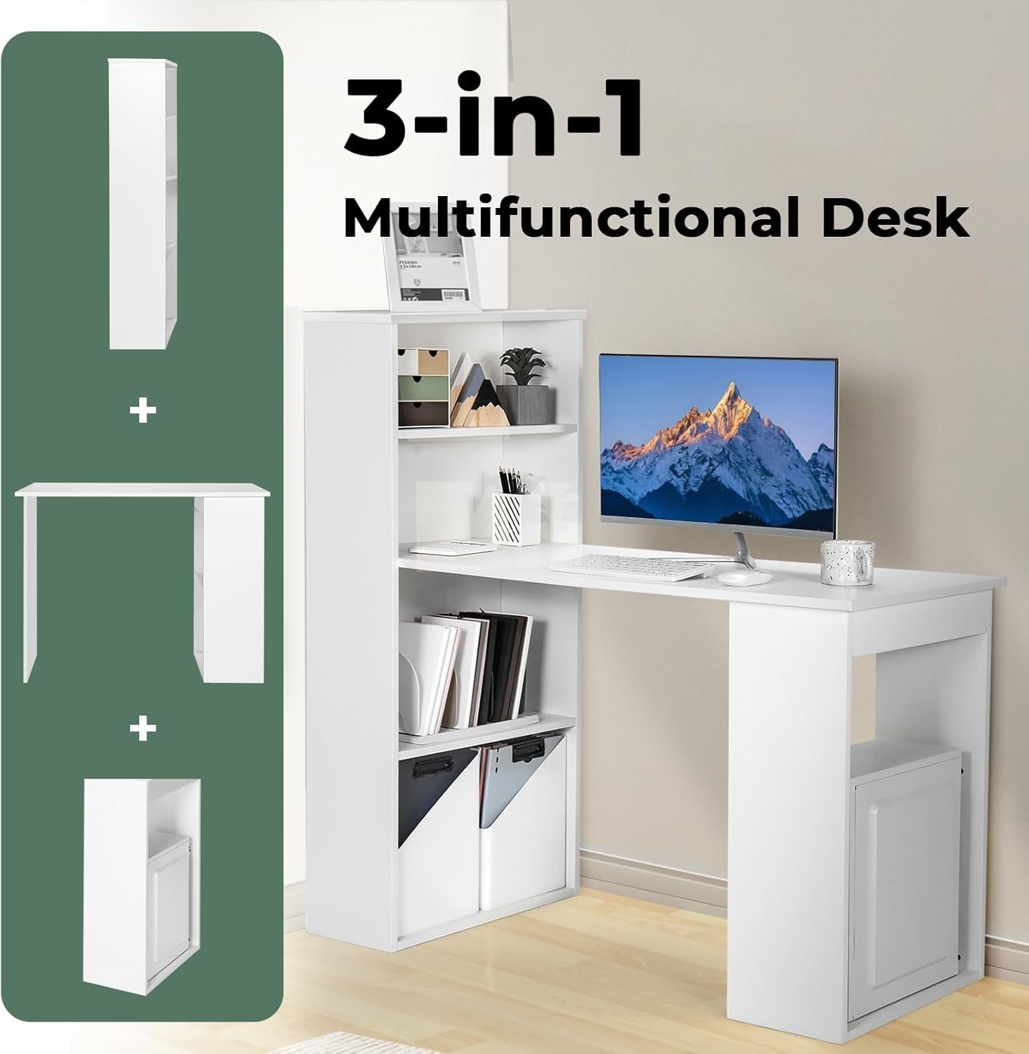 White Computer Desk 122x52cm w/6-Tier Storage Shelves, Home Office Table