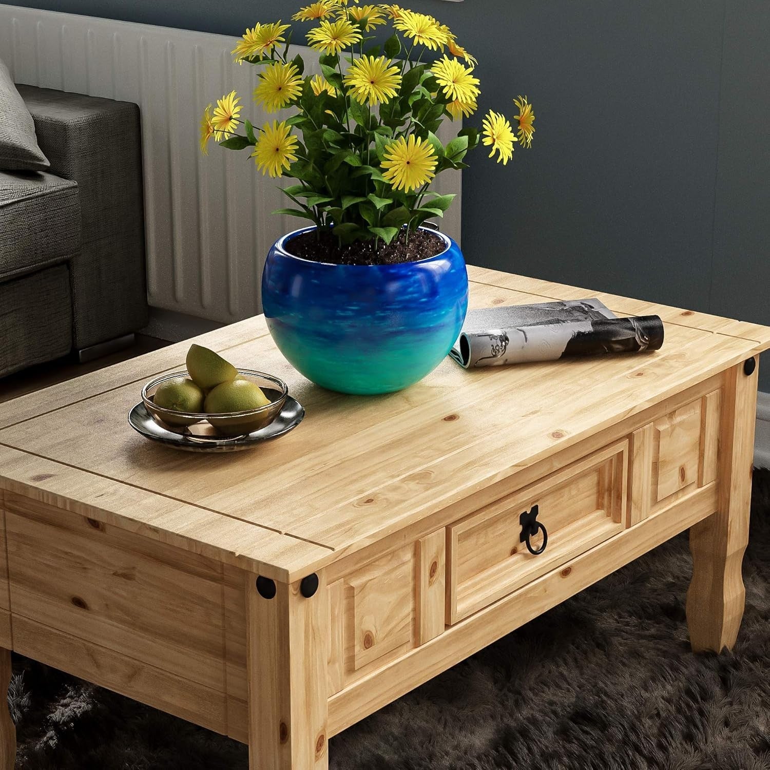 Rustic Solid Pine Coffee Table with Drawer – Distressed Wood, 94cm Wide