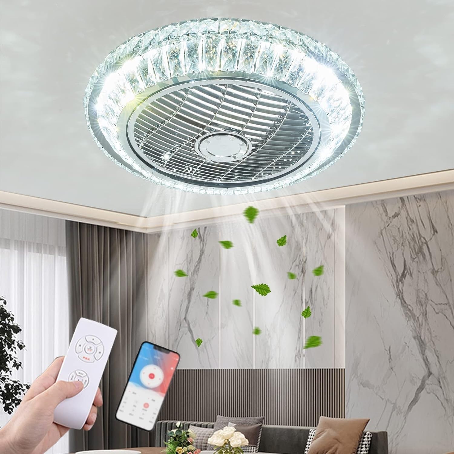 Crystal Ceiling Fan, 72W Dimmable LED, Adjustable Speed, Remote, Modern Style