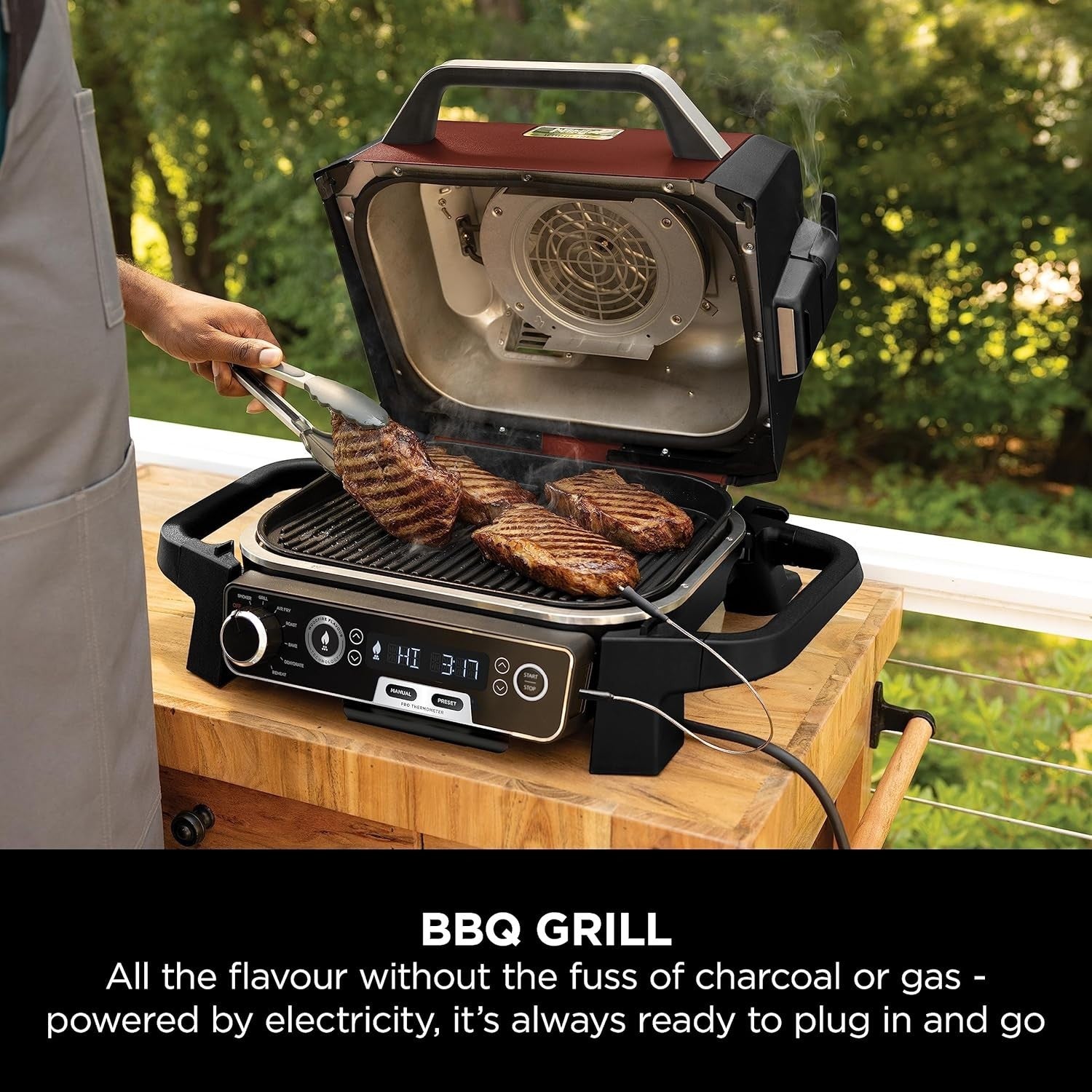 7-in-1 Electric BBQ Grill & Smoker with Digital Probe, Air Fryer & Woodfire