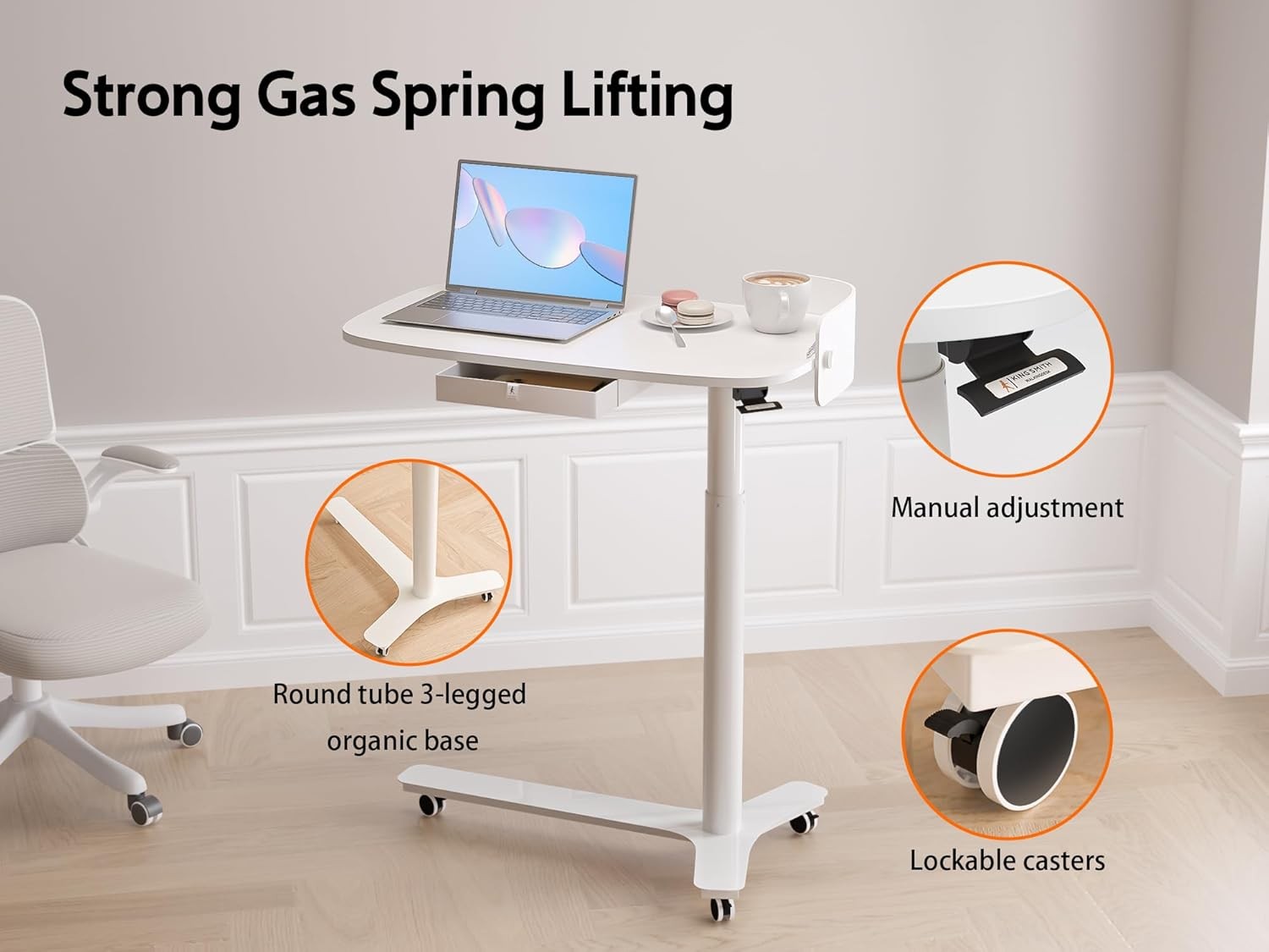 Mobile Standing Desk on Wheels Adjustable Pneumatic Overbed Laptop Table