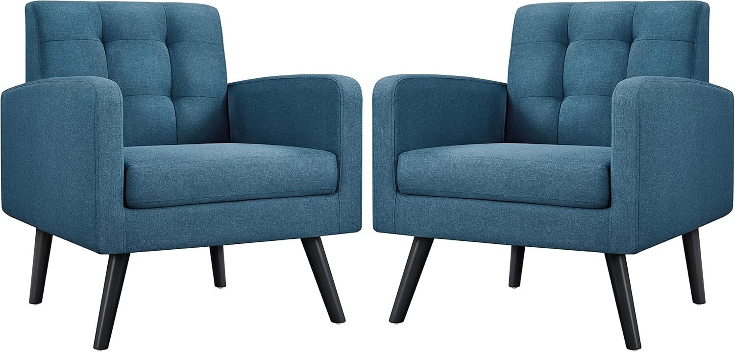 Mid Century Accent Armchair Set Navy Blue | Tufted Back Lounge Chairs