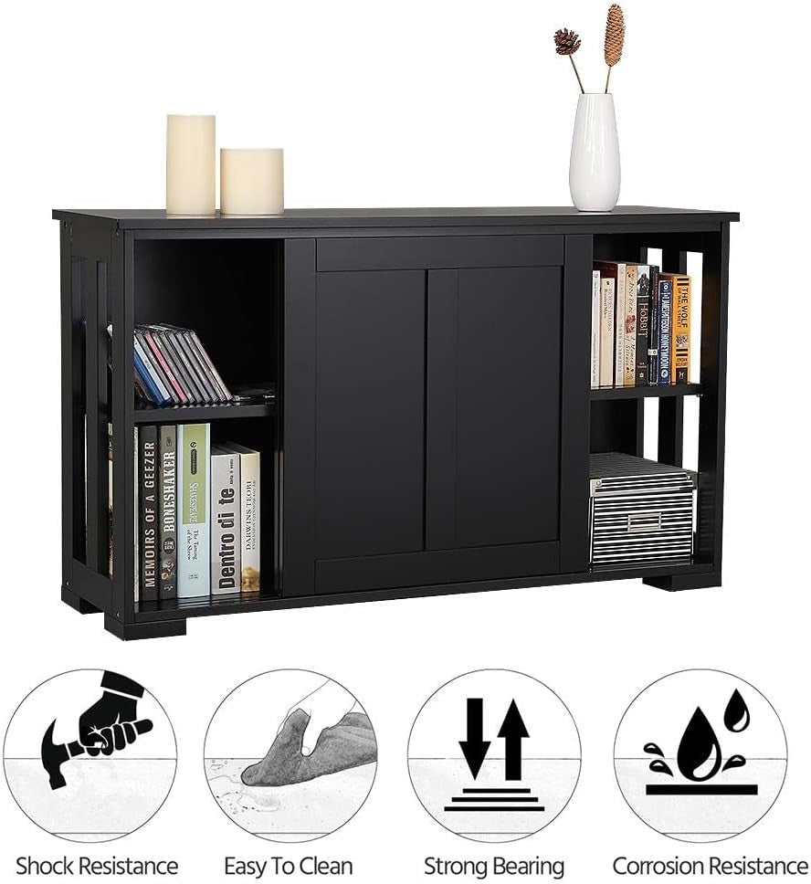 Set of 2 Black Sideboard Buffet Cabinets | Sliding Door Storage Units with Shelv