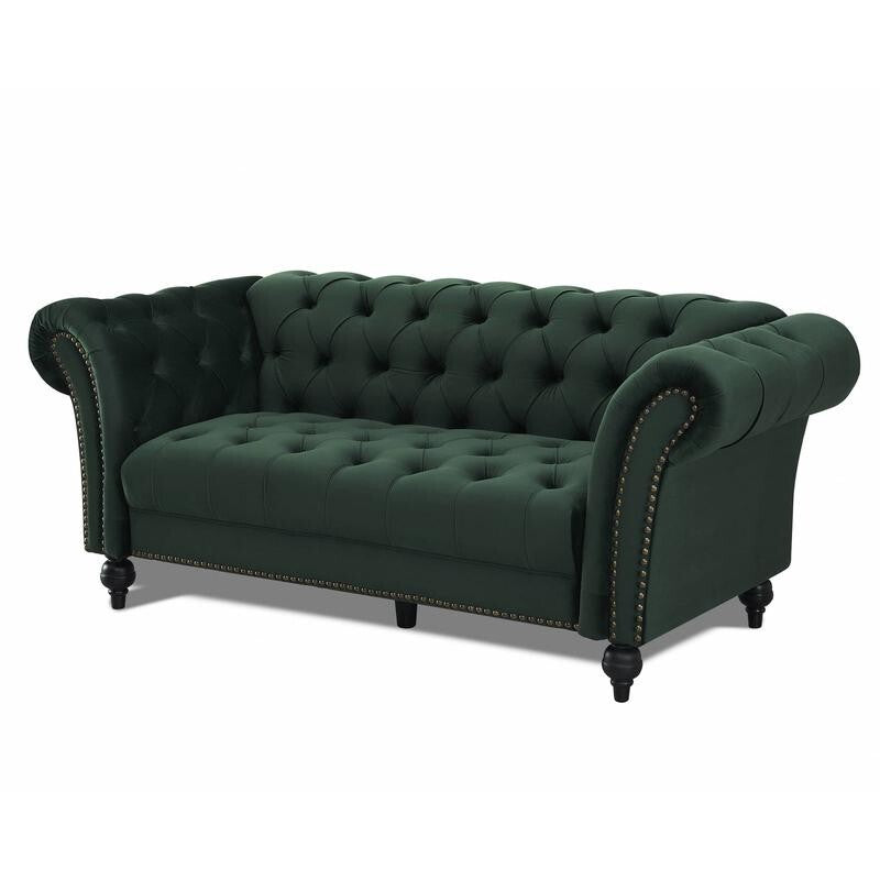 Green Velvet 3 Seater Sofa Chesterfield Style | Button Tufted Scroll Arms