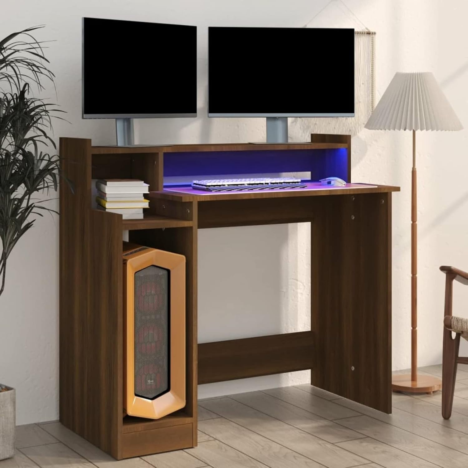Modern Wooden Computer Desk with LED Lighting and Monitor Shelf Oak Workstation