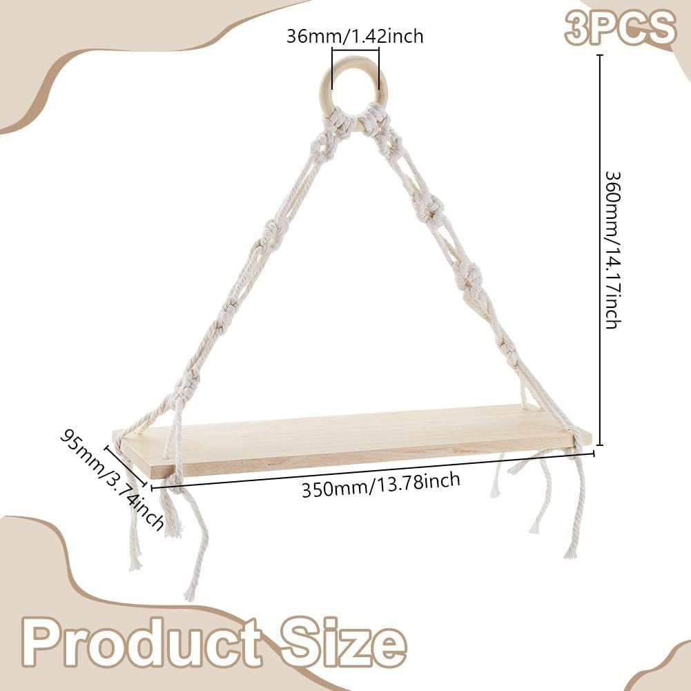 3pcs Boho Hanging Shelves Wood Floating Wall Decor 13.8x14.2in