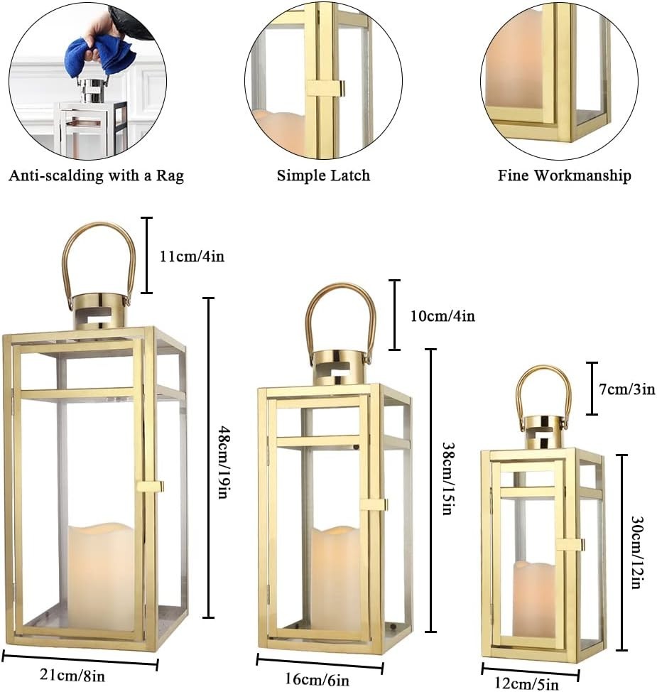 3 Pack Gold Stainless Steel Candle Lanterns Indoor Outdoor Decor