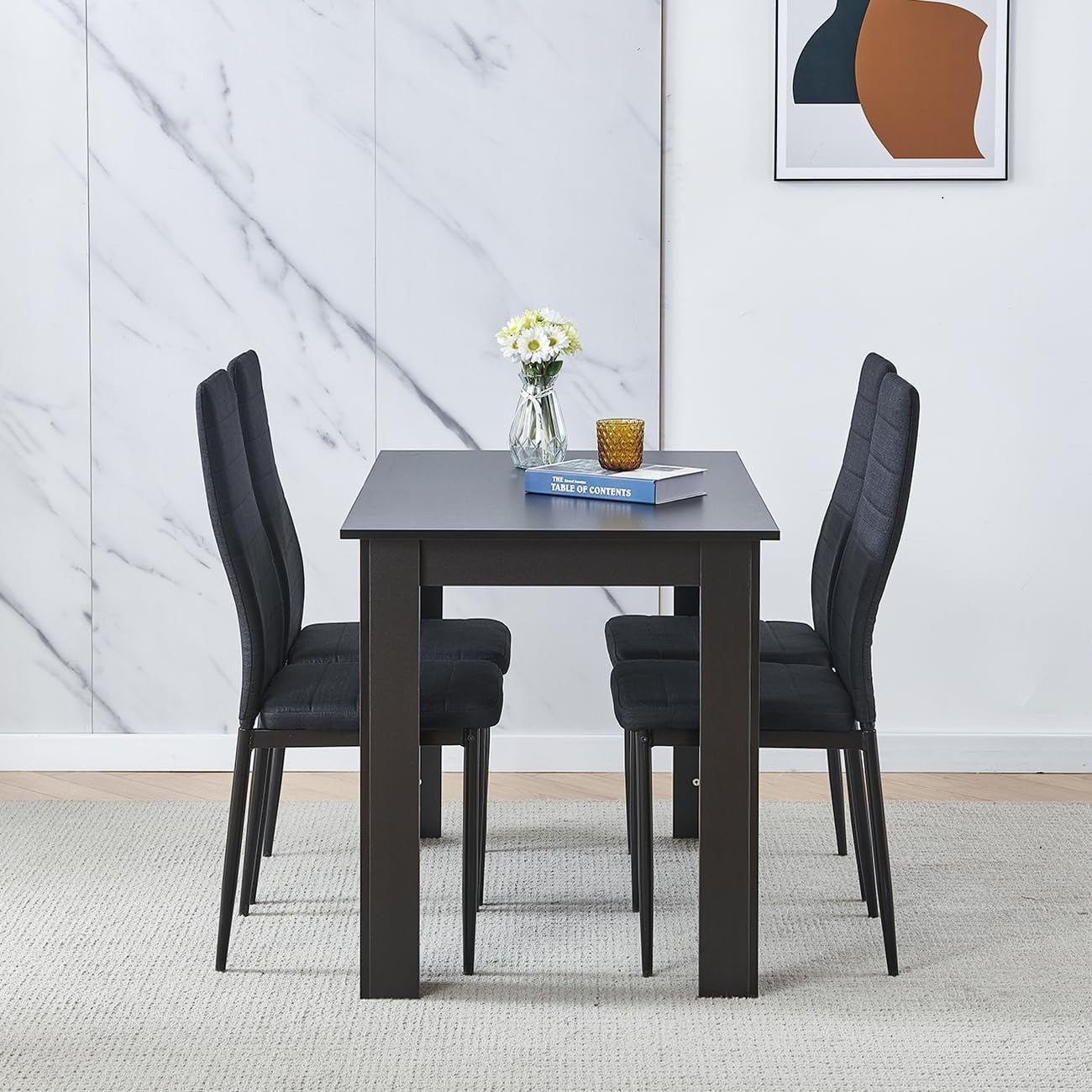 Modern Black Linen Dining Set 5-Piece | Compact Kitchen Table & Chairs
