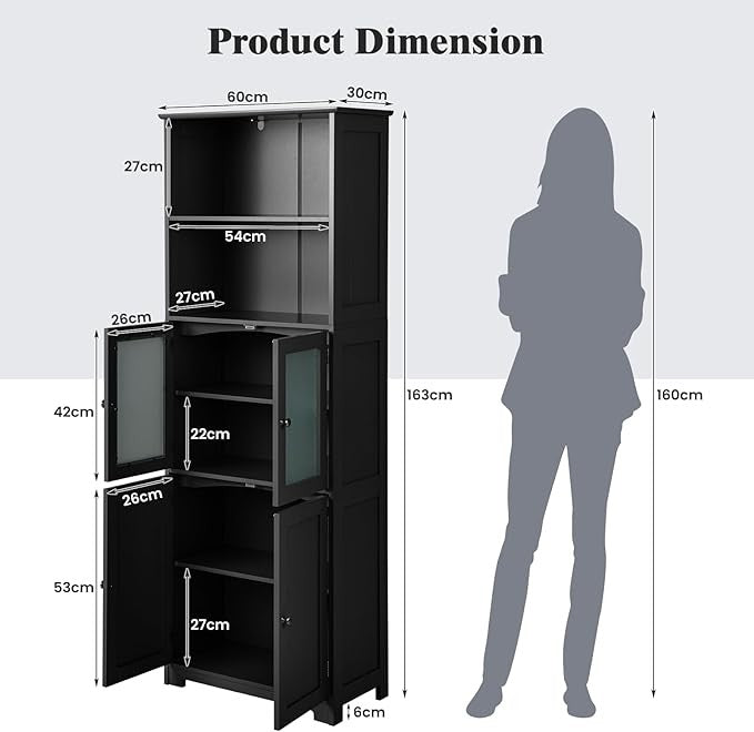 Tall Black Storage Cabinet 165cm with Glass Doors & Adjustable Shelves Unit