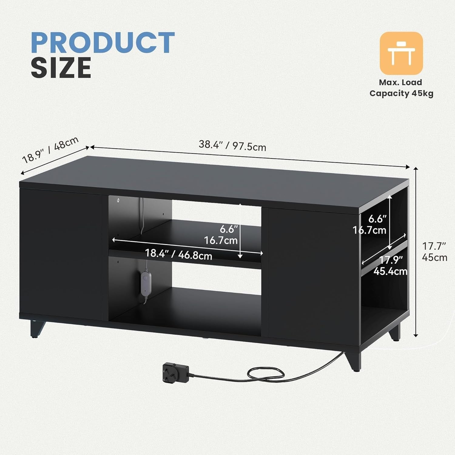 High Gloss Black Coffee Table with Storage & RGB LED Light, 97.5x48x45cm