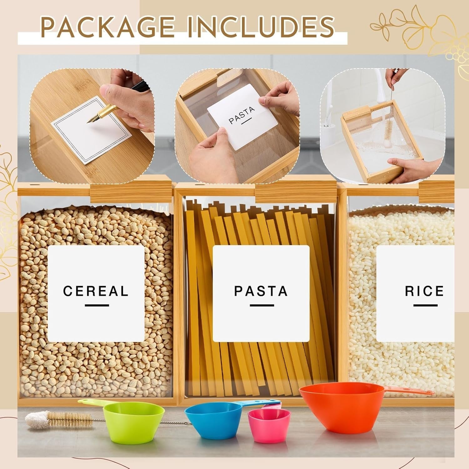 3 Bamboo Cereal Dispensers 2.2L Airtight Food Storage Containers Set