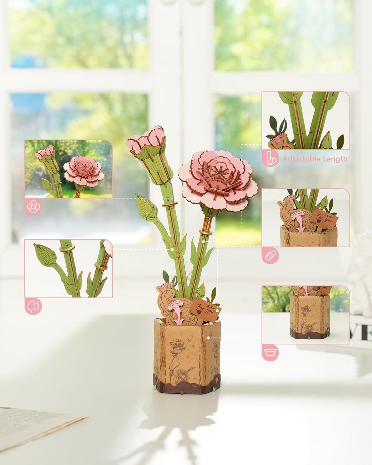 3D Wooden Pink Carnation Puzzle Kit – DIY Floral Craft Gift Decor