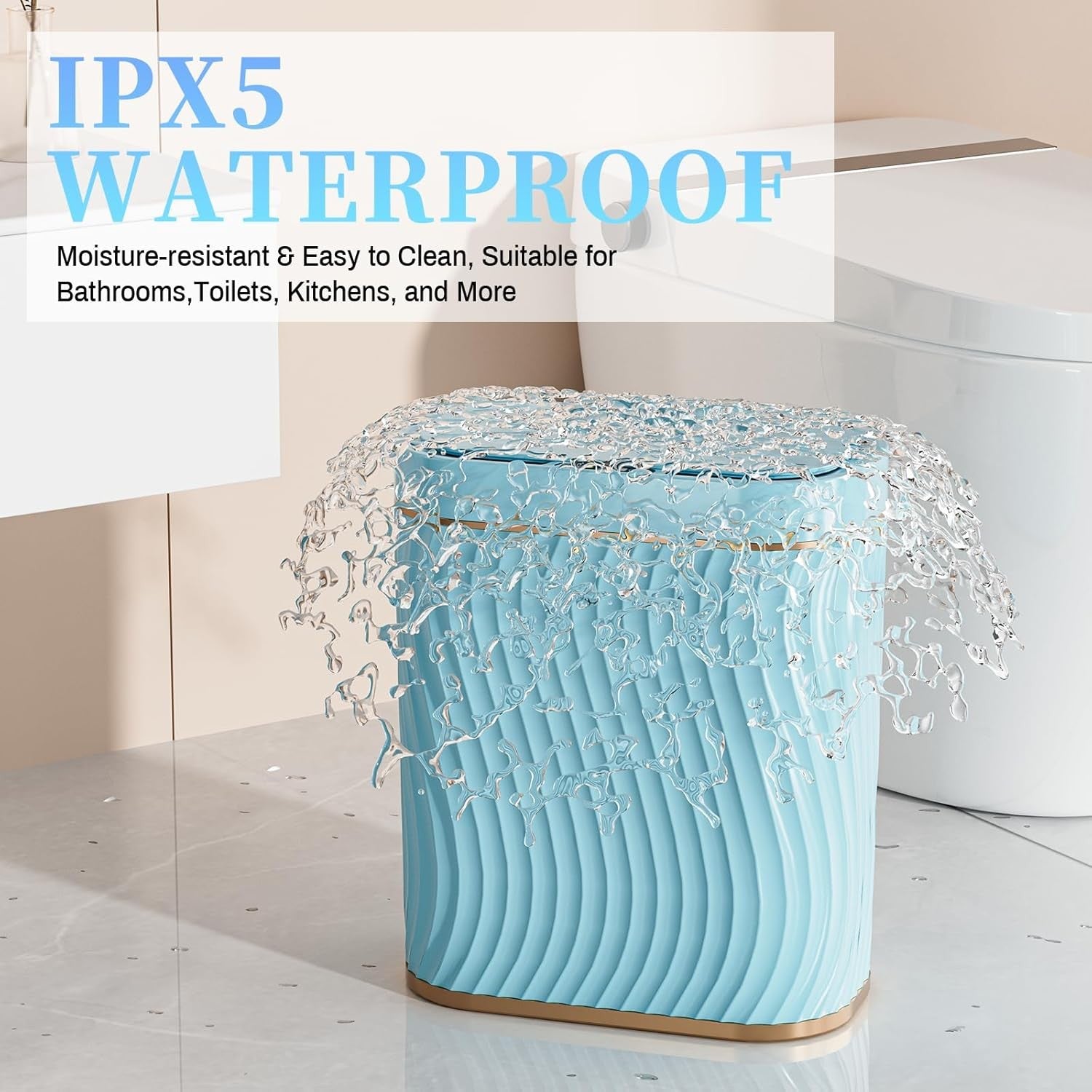2.6 Gallon Touchless Bathroom Bin Waterproof Slim Smart Trash Blue