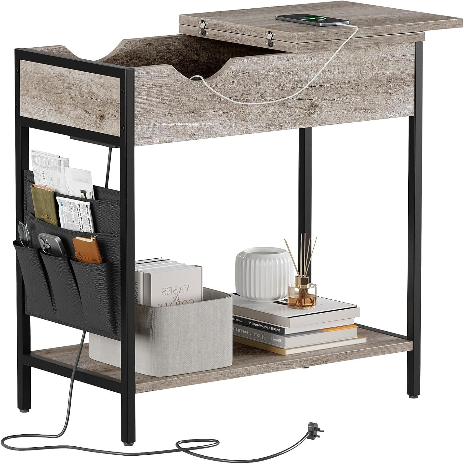 Light Wood Narrow Bedside Table with USB Charging Ports & Storage
