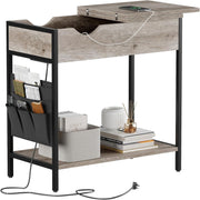 Light Wood Narrow Bedside Table with USB Charging Ports & Storage