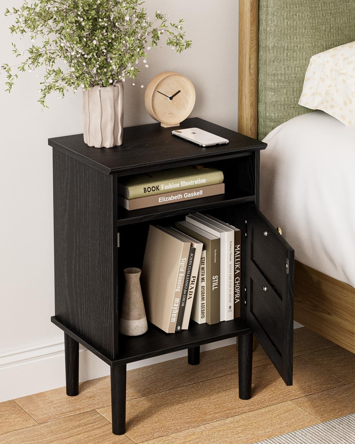 Black Wooden Bedside Table with Door & Open Shelf | Modern Vintage Nightstand